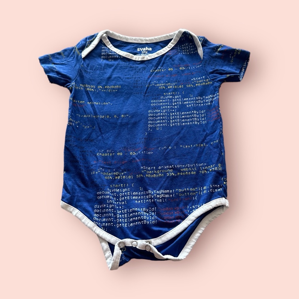 Baby Svaha Computer Programming Coding Blue With White Trim Bodysuit Sz 12 Mon